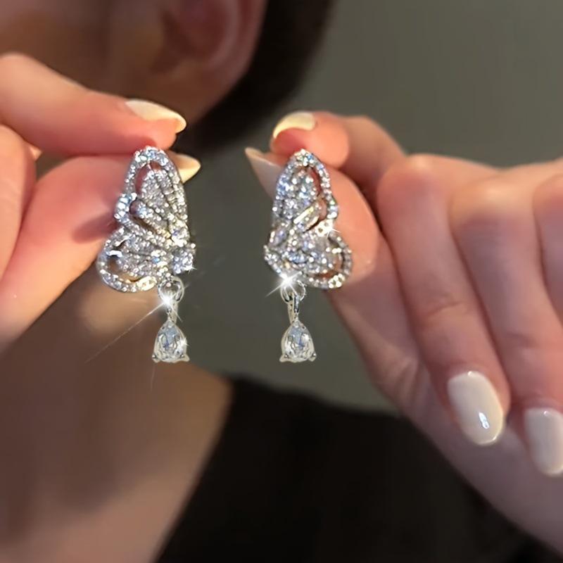 Elegant Rhinestone Butterfly Drop Earrings