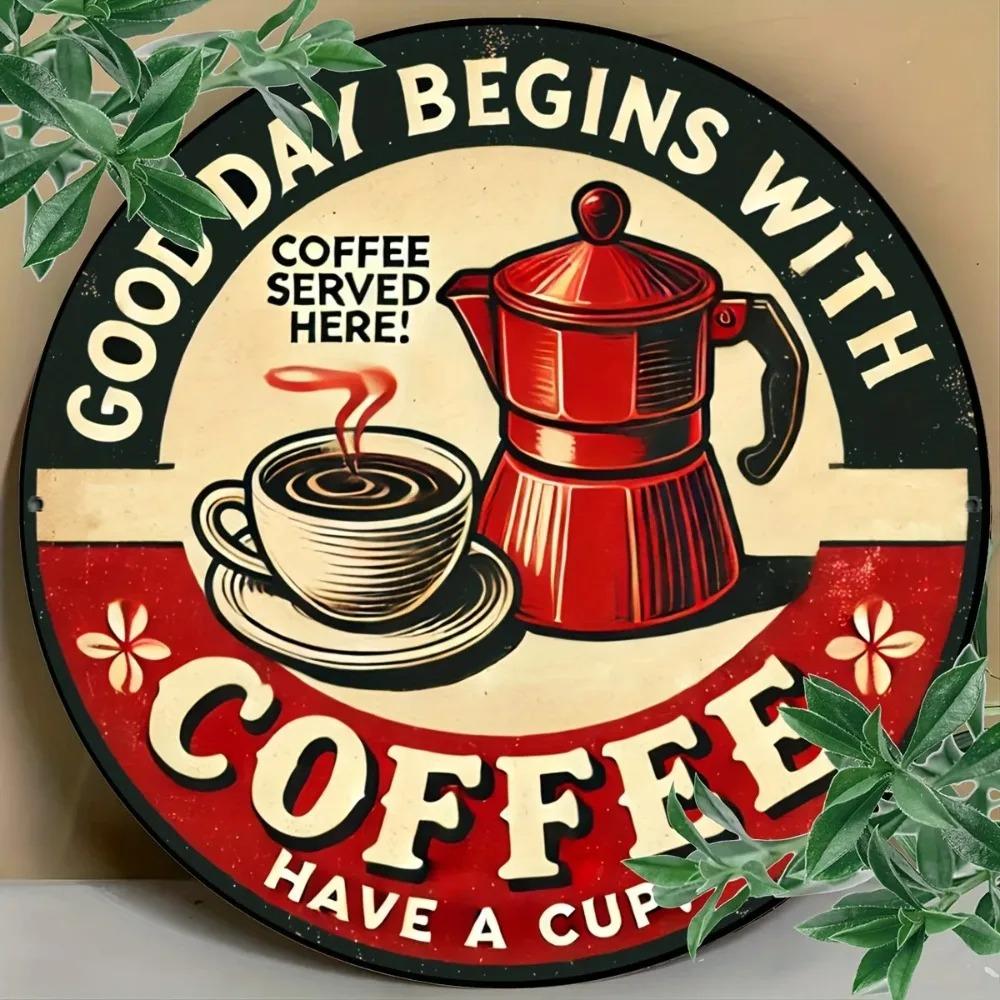 Vintage Round Coffee Metal Sign Retro Aluminum Wall Art Decor