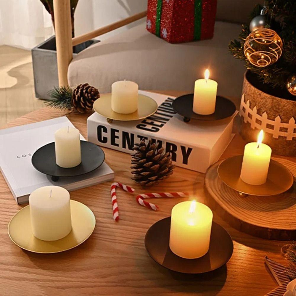 Round Pillar Metal Plate Golden Festival Candlestick Holder Simple Candle Base Tray for Home