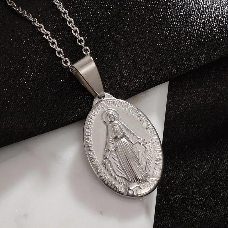 Classic Catholic Virgin Mary Square Pendant Necklace for Men Women Christian Religious Prayer Amulets Jewelry Gifts