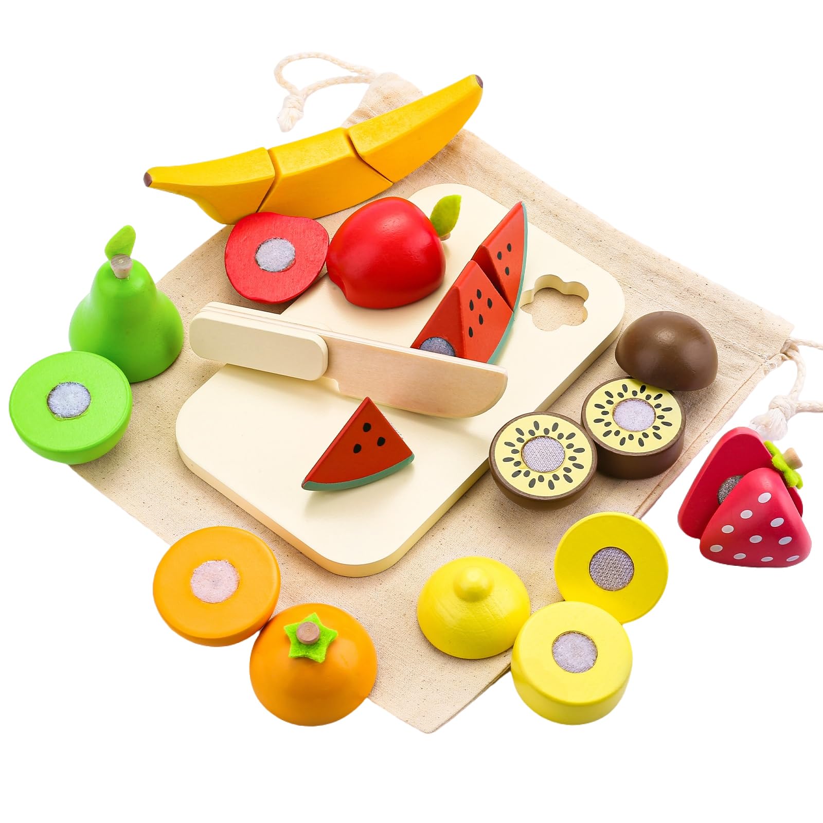

UMU Fruit Cutting Toy Wooden Montessori Educational Wooden Toy Fruit Candy Food Storage Bag Miniature Food Birthday Gift for Boys and Girls Ages 6