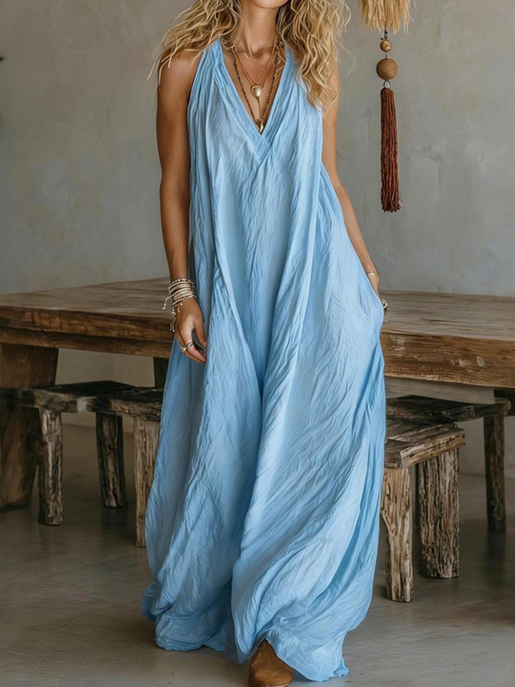 Damen Sommer Locker Ärmellos Schickes Maxikleid, Einfarbig Patchwork Elegantes Partykleid Lässig Einfach V-Ausschnitt Damenkleider