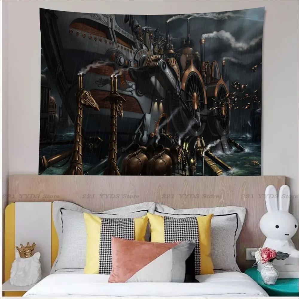 Office Living Room Tapestry Retro Steam Train Punk Style Hanging Cloth Home Wall Decoration Tapestry