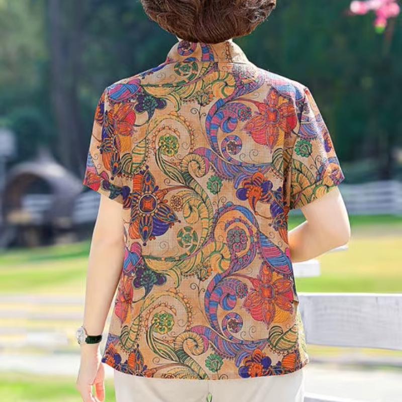 Mom Clothes Loose Short-sleeved Middle-aged and Elderly Women's T-shirt Shirt Fashionable Lapel Pullover Top