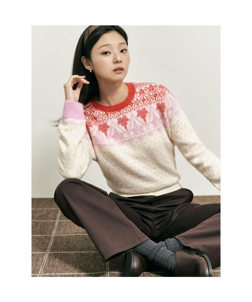 Binpolleidiseu [B. My] Fair Isle Round Neck Knit Beige (Bf5X51N02A)
