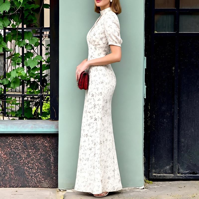 Vintage Long Length Print Long Dress Breathable Flowy High Waist Dress Puff Sleeve Dress Summer Season