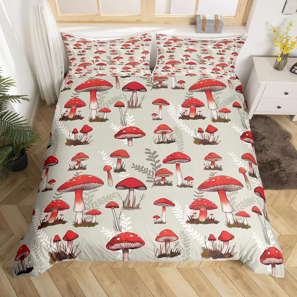 Pilz Bettbezug Bunt Niedlich Cartoon Bettwäsche Set Einzelbett Doppelbett King für Teenager Jungen Mädchen Kinder Kawaii Botanische Pflanze Steppdeckenbezug