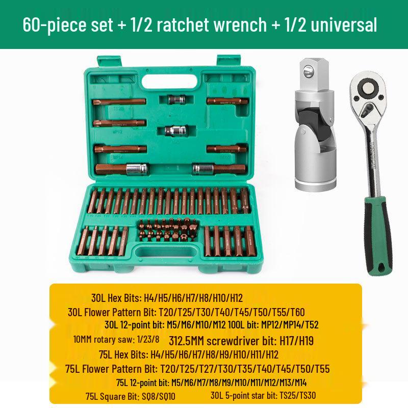 60-Piece Spline Socket Wrench Set: 12-Point Star & Torx Bits for Auto Repair