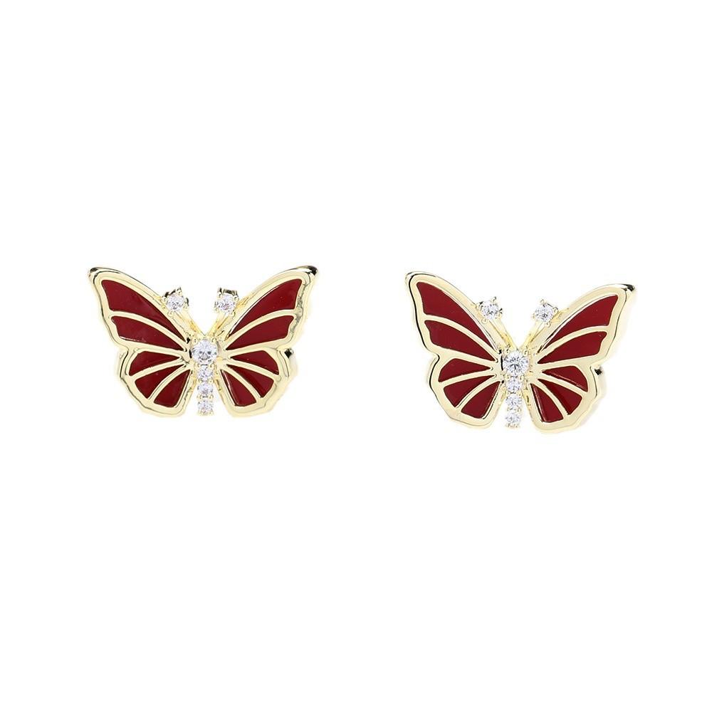 New Year's Red Oil Drip Stone Butterfly Earrings Gold-plated Versatile Insect 925 Silver Needle Stud Earrings Women's Earrings