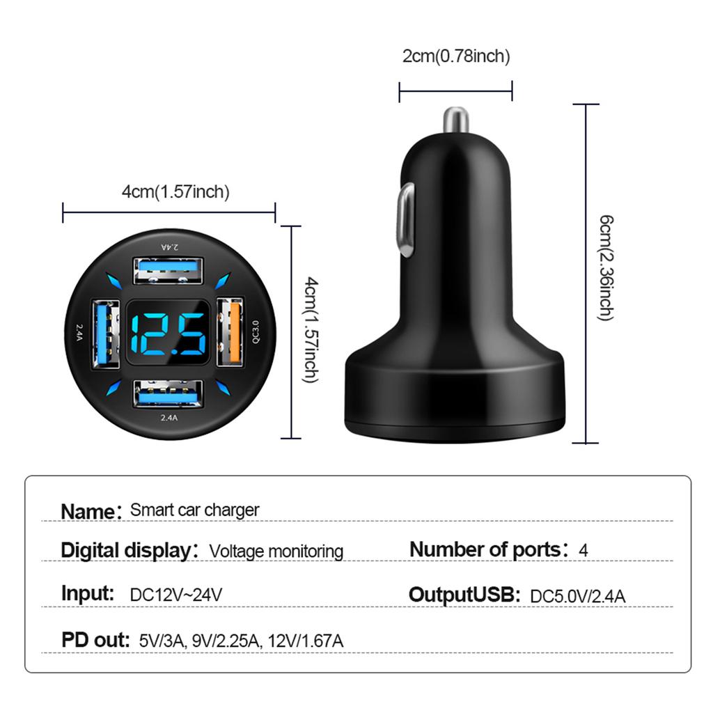 4 Ports 66W PD QC3.0 Car Charger 12V-24V USB Car Charger Socket Ultra Fast Digital Display Phone Charge Power Adapter Outlet
