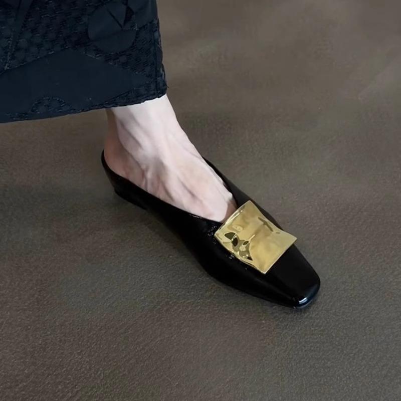 Sheepskin version~ Metal square buckle high-end leather square head half slippers women's retro one-pedal flat-bottomed bag head sandals