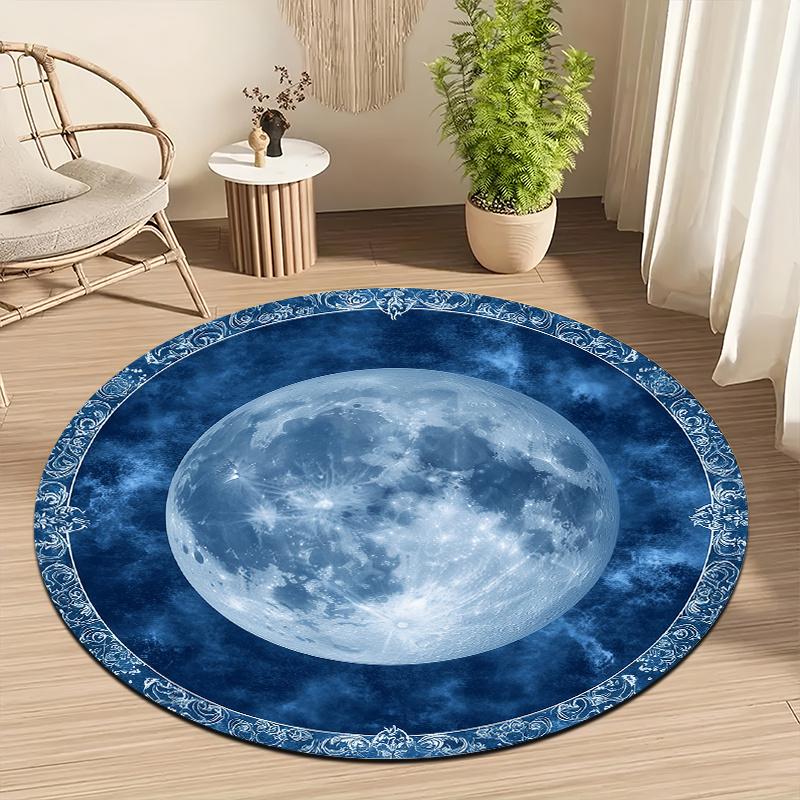 Moon retro style Flannel-printed round floor mats are slip-resistant Suitable for living room bedroom terrace garden carpets