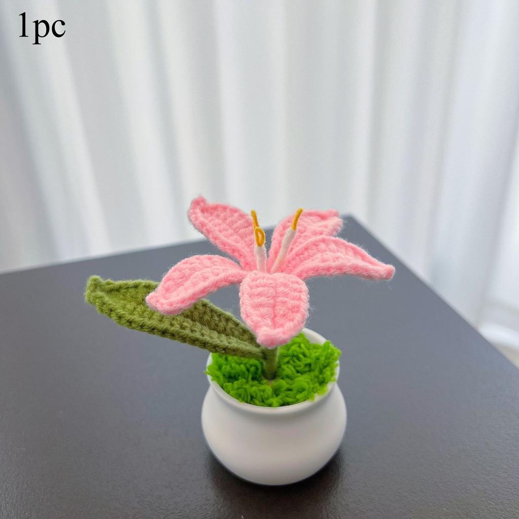 Handmade Crochet Lily Potted Plant, Knitted Pink Lily Flower in Mini Pot, Desk Decor, Unique Gift for Mom, Home Office Ornament