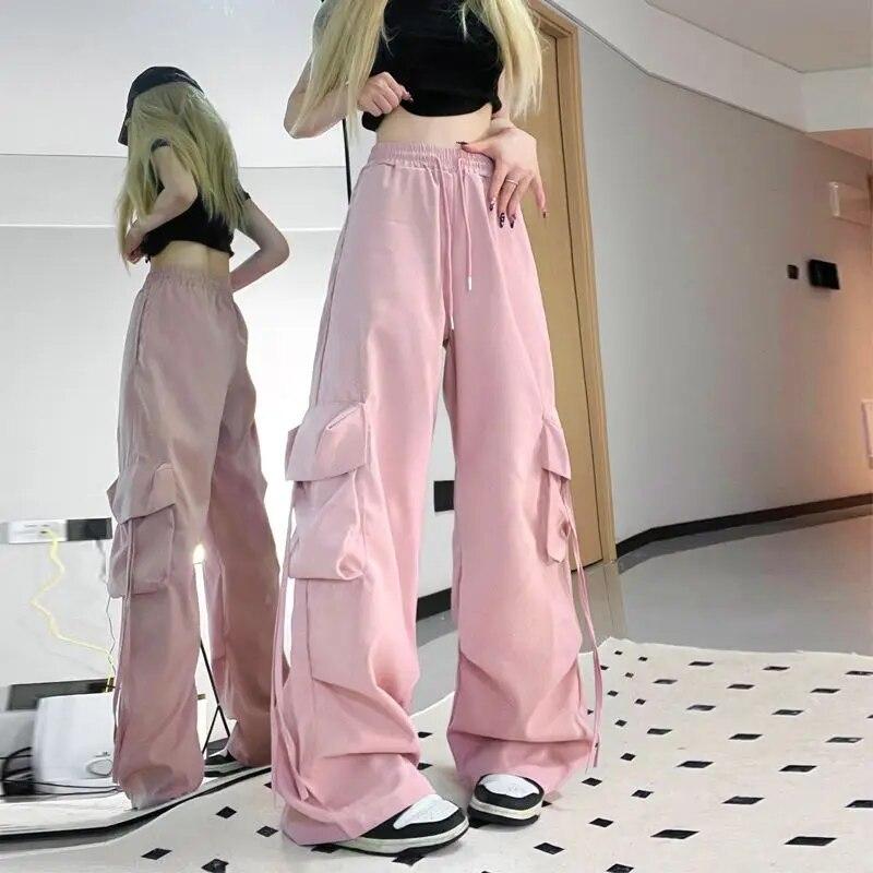 

Harajuku Оверсайз Елегантні штани-карго Жіночий вуличний вінтаж Y2k Wide Leg Baggy Female Хіп-хоп Модні спортивні штани з кишенями 2024 XL рожевий