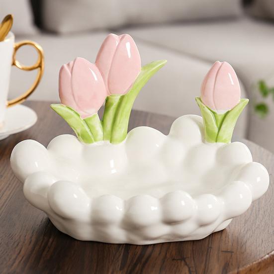 Keramická miska na klíče ve tvaru tulipánu Růžové květy Miska na šperky Dekorativní stolní organizér na šperky Hodinky Vstupní hala Ložnice Komoda