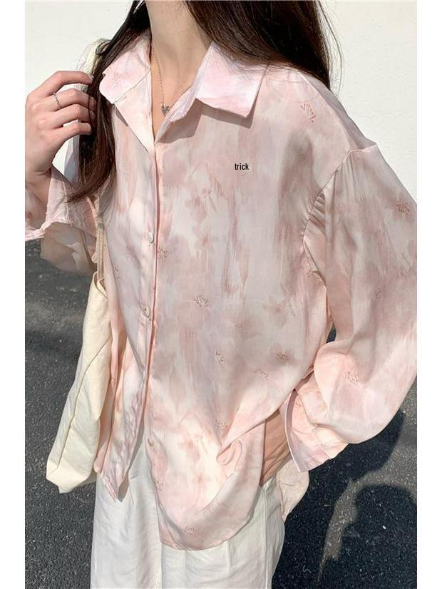 Spring 2025 Women's Pink Tie-Dye Lapel Shirt Top
