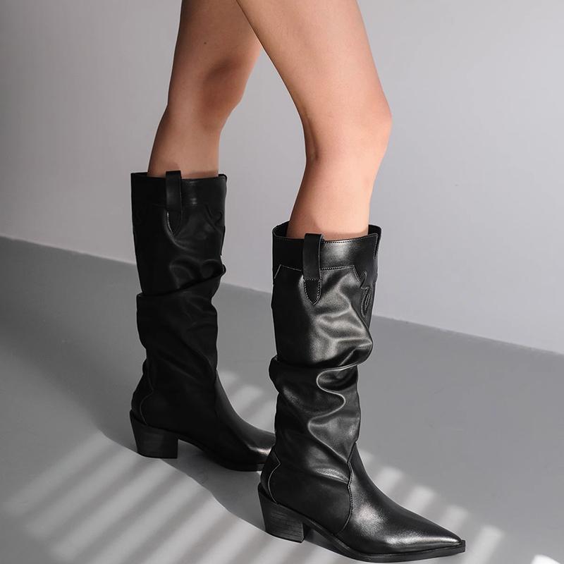 Fashion Autumn Vintage Thick Heel Women Western Cowgirl Boots Fashion Slip On Shoes Ladies Elegant Knight Long Booties