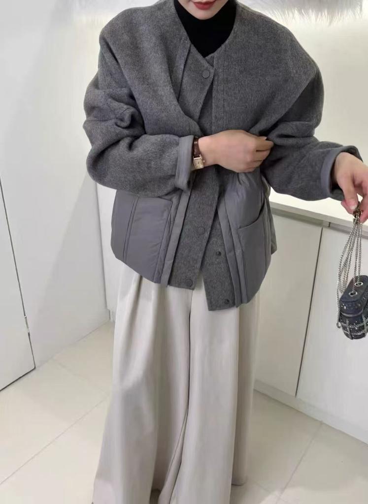 Yu Yan, the new women's short short small round neck casual down jacket spliced wool coat for women