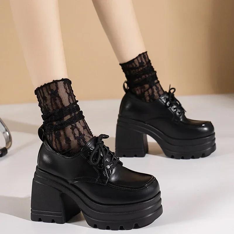 Lolita Shoes for Women 2025 Lace Up Loafers Girls Students Uniform High Heels Platform Shoes Female Shoes