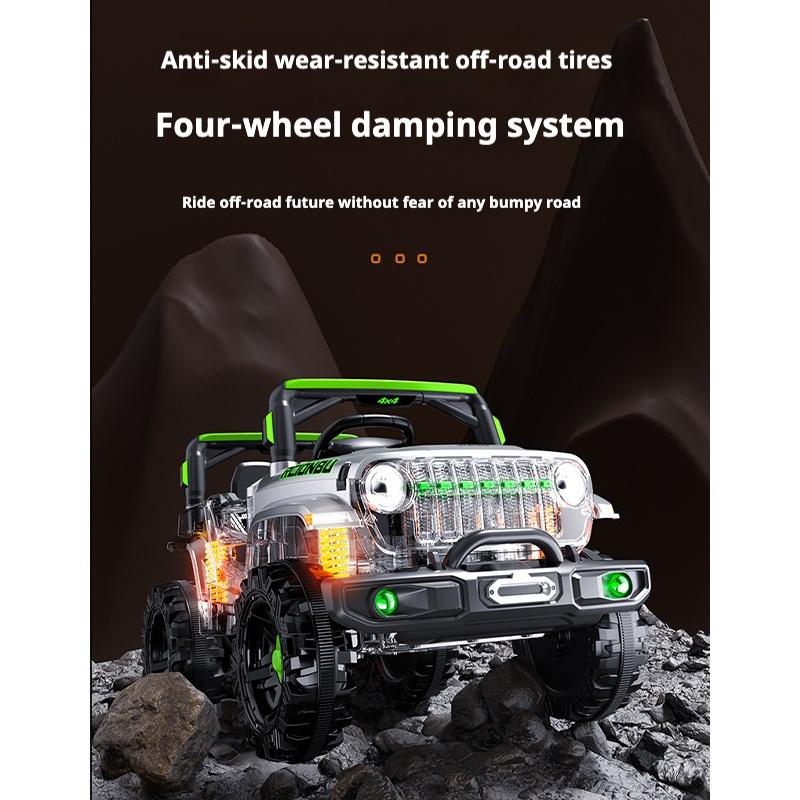 Çocuklar için elektrikli dört tekerlekli arazi uzaktan kumandalı çift sürüşlü oyuncak bebek arabası Bluetooth Müzik LED Işıkları 3 mod