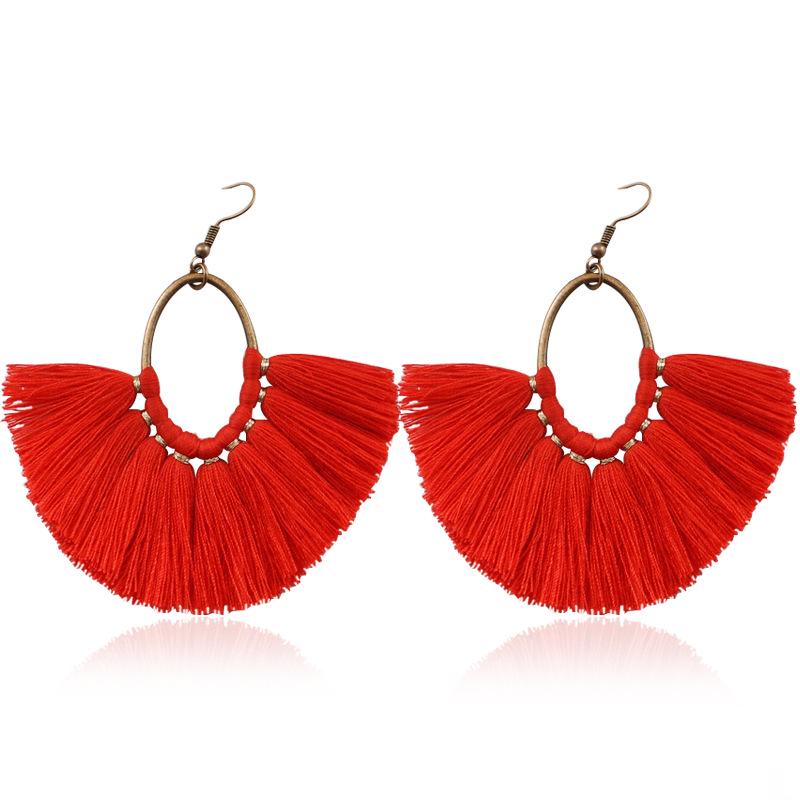 Bohemian Oval Pendant Fan Tassel Earrings - Trendy  Versatile