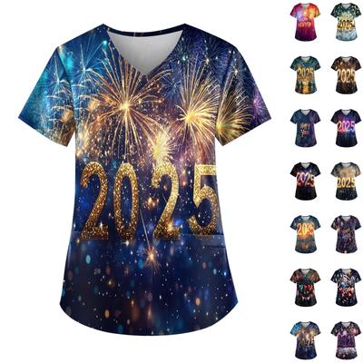 Damenmode, T-Shirt mit V-Ausschnitt, Aufdruck im Neujahrsstil, kurzärmlig, kleine Tasche, Arbeits-T-Shirt