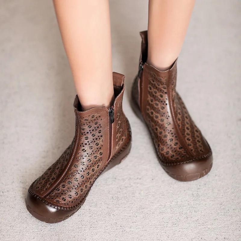 Fashion 3cm Cow Genuine Leather Summer Round Toe Slippers Hollow Platform Wedge Fashion Shoes Ankle Booties Women Sandal Flats