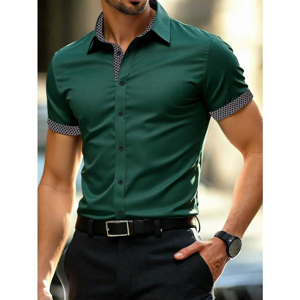 Camicia a maniche corte color block da uomo Primavera Estate Camicie casual da uomo Stile semplice Top 100% Poliestere