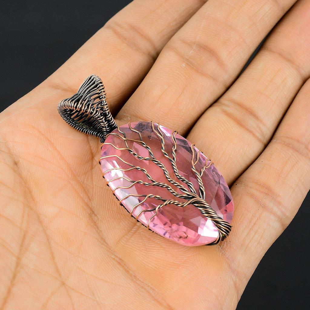 Árvore da vida rosa kunzite pedra preciosa fio de cobre envoltório artesanal pingente joia presente para mulher