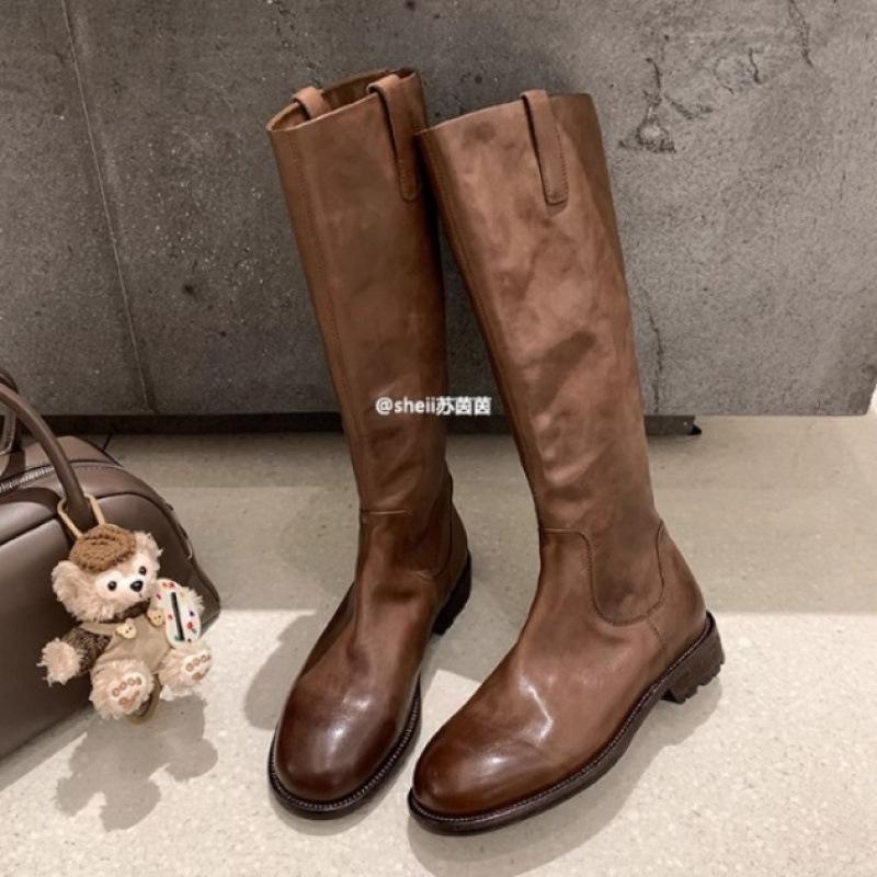 

Shoes Retro Horse Leather Round Head Thick Heel Thick Sole Rear Zipper High Knight Boots Women 40
