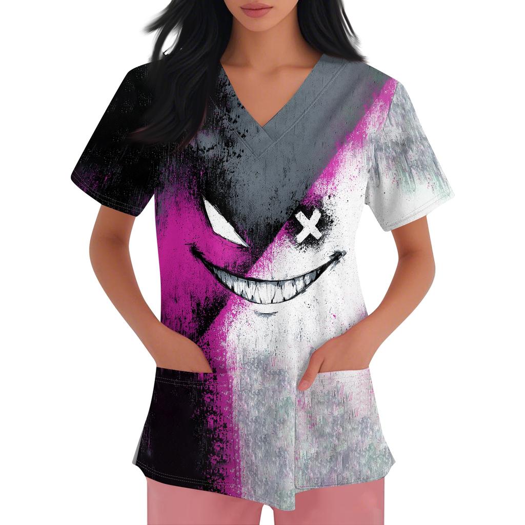 Women's Short-sleeved Halloween Print V-neck Pocket Protective Work Shirt
