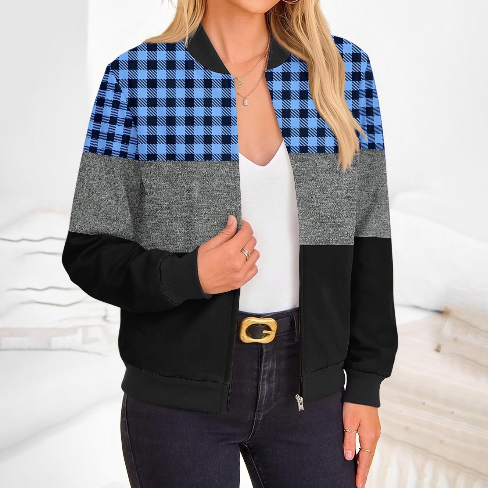 Women s Fashion Long Sleeve Striped Color Block Printed Round Neck Zip Up Jacket L