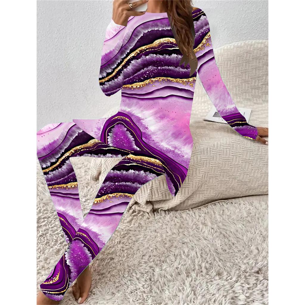 Moda Euroamerykańska Druk 3D Marmurkowy Damski Czterosezonowy T-shirt z Długim Rękawem + Długie Spodnie Dwuczęściowy Zestaw. Idealny prezent na Nowy Rok