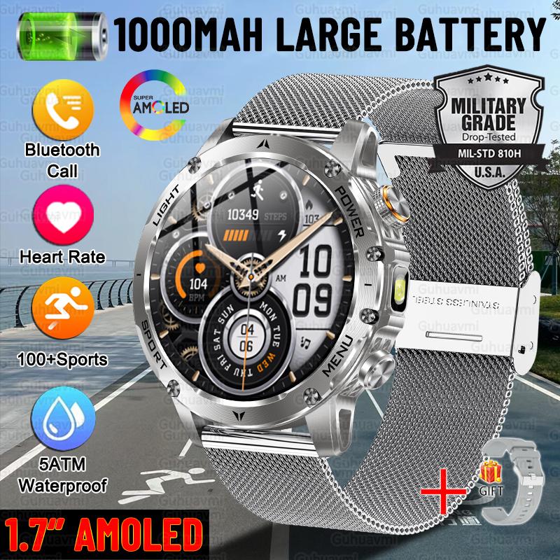 New Military Sports Smart Watch 1000mAh Battery 5ATM Waterproof LED Flashlight Fitness trackr Smartwatch Men