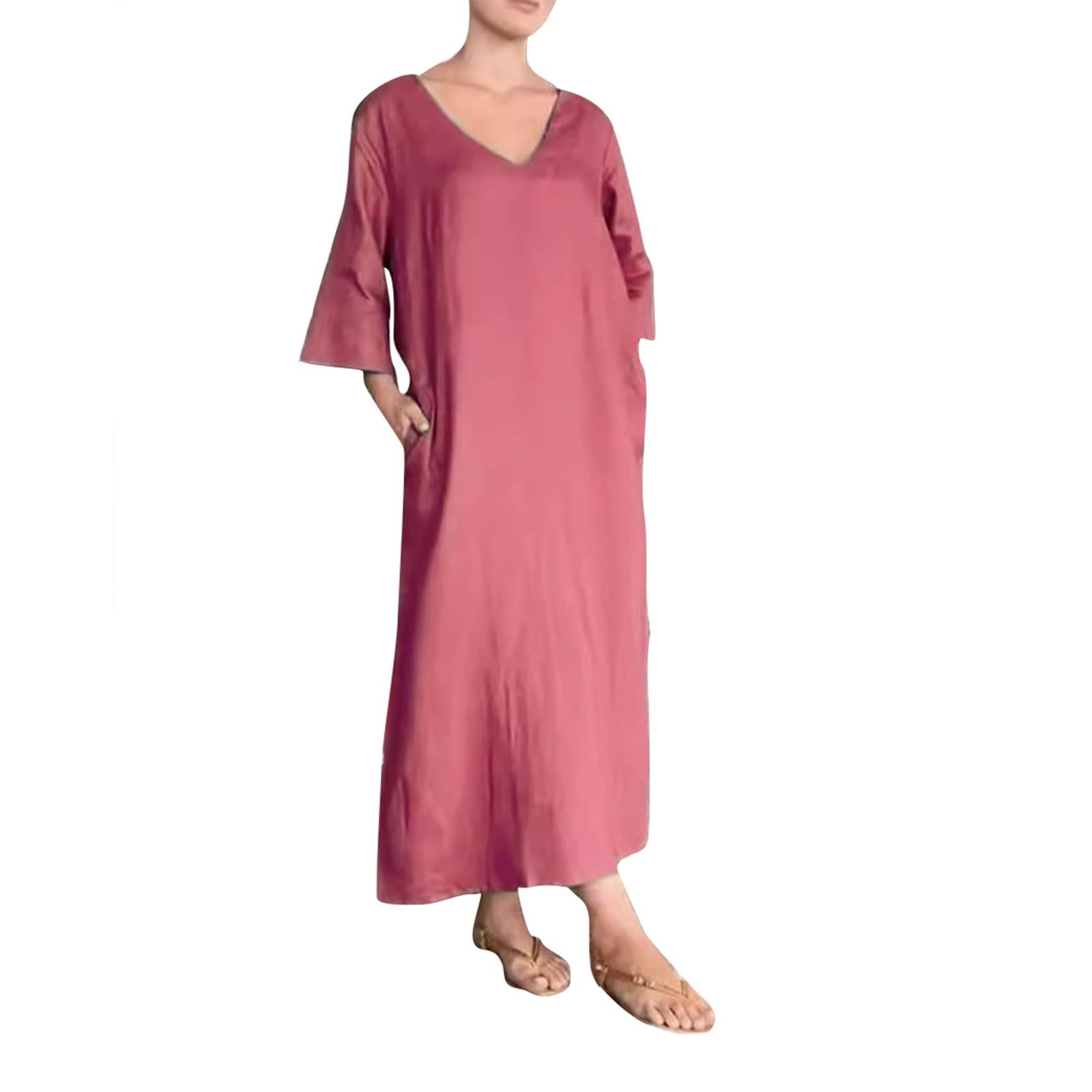 

Женские платья V-образный вырез, семь рукавов, подолы, двойной разрез, свободные длинные платья-рубашки XL арбуз красный