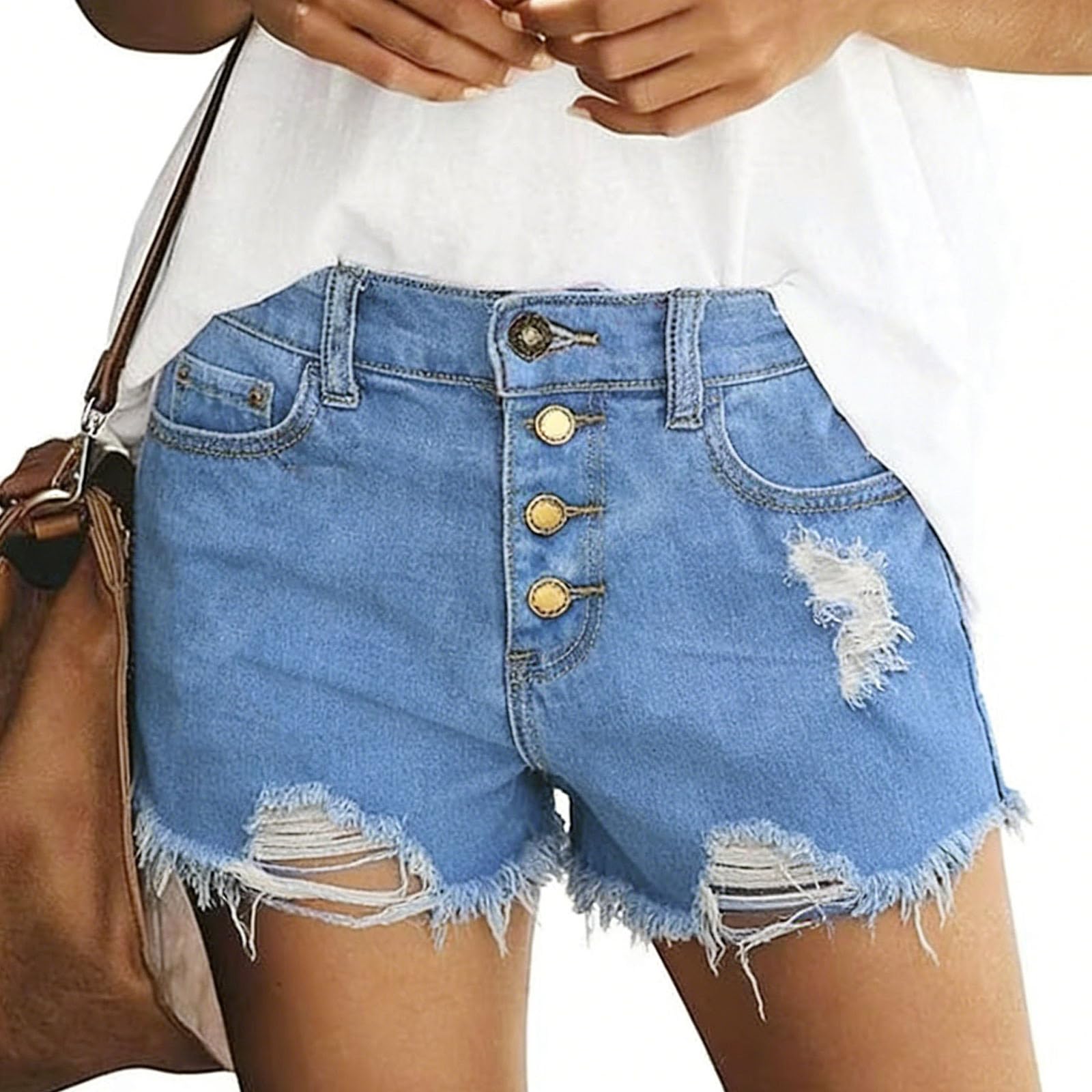 Women s High Waist Distressed Denim Shorts Frayed Hem Button Fly Ripped Casual Fashion Jean Shorts with Pockets L синий