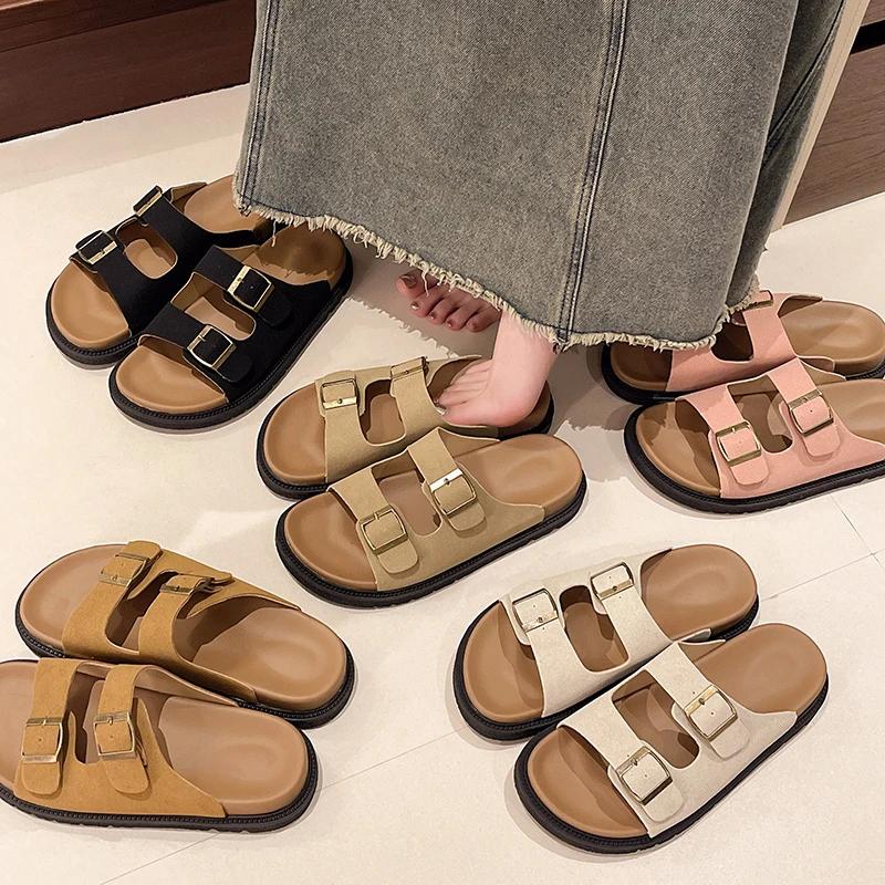 2024 Summer Women's Two Buckle Cork Slippers Cow Suede Leather Flats Sandals For Women Retro Fashion Garden Mule Clog Slides