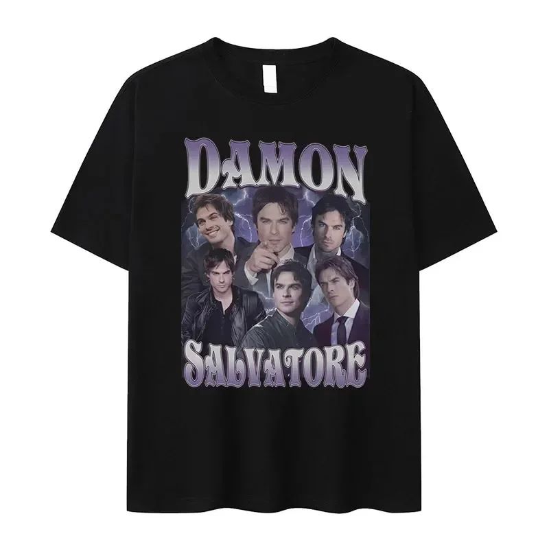 Vintage Y2k T Shirts Damon Salvatore IanSomerhalder TV Drama Pattern Tshirt Fashion Oversized T Shirt Print Street Wear Unisex