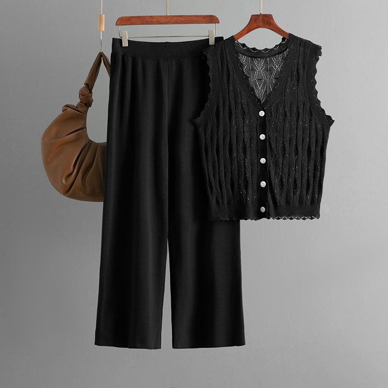 Summer Simple Cardigan Loose Sleeveless Knitted Vest Set Wide Leg Pants Knitted Two-piece Set For Women