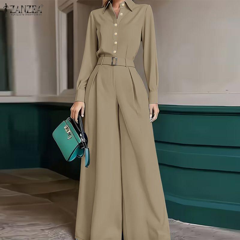 ZANZEA Women Long Sleeve Blouse and Wide Leg Pants Elegant Two Piece Suit Sets
