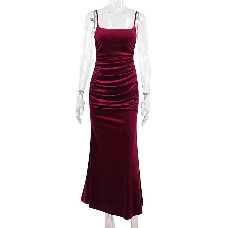 Fall Women's Fashion Sexy Temperament Velvet Pleated Waist Halter Dress