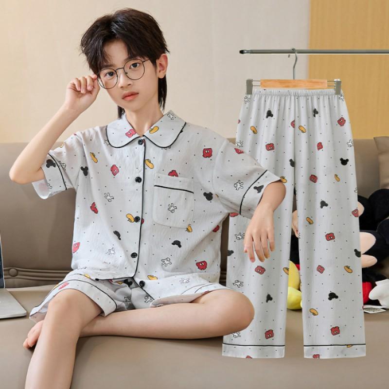 Boys Cotton Pajama Set Thin Sleepwear Cartoon Print Comfortable Home Wear Teens