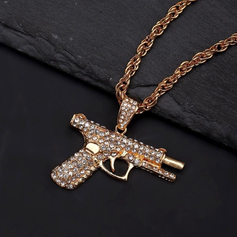 Stylish Submachine Guns Pendant Dazzling White Gold Plated Chain Hipsters Streetwear Diamond Accessory for Women and Men