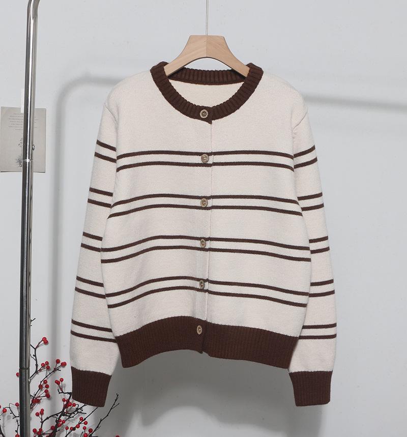 Korean Style Retro Color Block Striped Cardigan Sweater - Thickened Autumn/Winter Outerwear Women