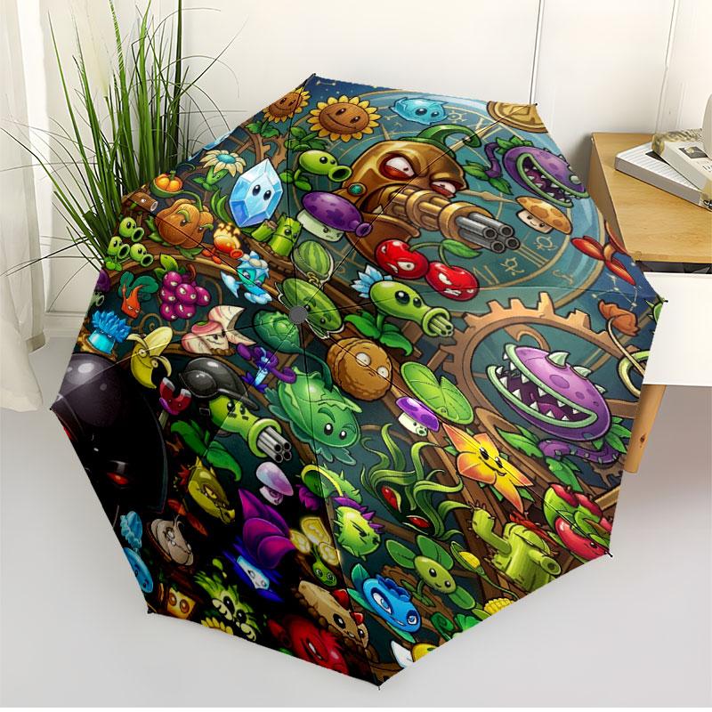 Plants VS Zombies Print Automatic Open Close Umbrella, Portable Foldable Umbrella, for Outdoor Commute Camping Trip, Ideal Birthday Gift