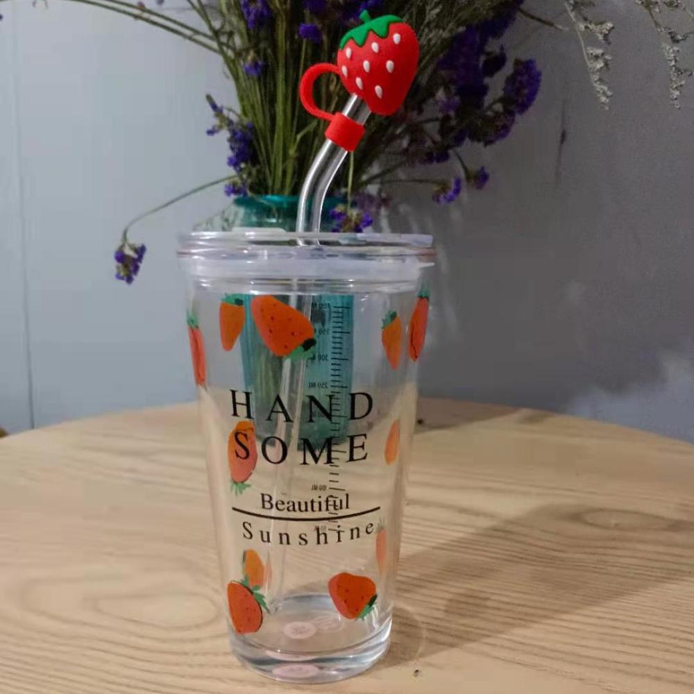 

Милые стеклянные стаканы с соломинкой, термостойкие стаканы для кофе, молока, воды с крышкой-соломинкой, стакан для сока, смузи, холодных напитков, соломинка, стакан для воды 1 шт. 401-500ml земляничный