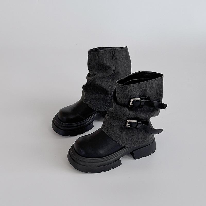 Design versatile short boots fashionable retro belt buckle medium boots children s season color matching Martin boots 35 4419₽