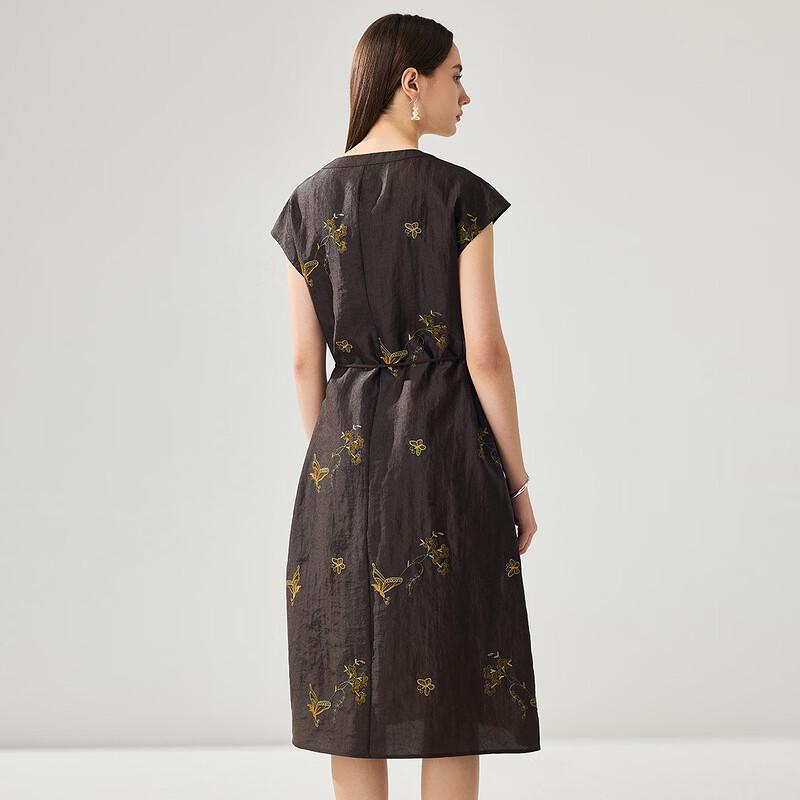 Zhaojun Women's Mulberry Silk Embroidered Short-Sleeve Dress