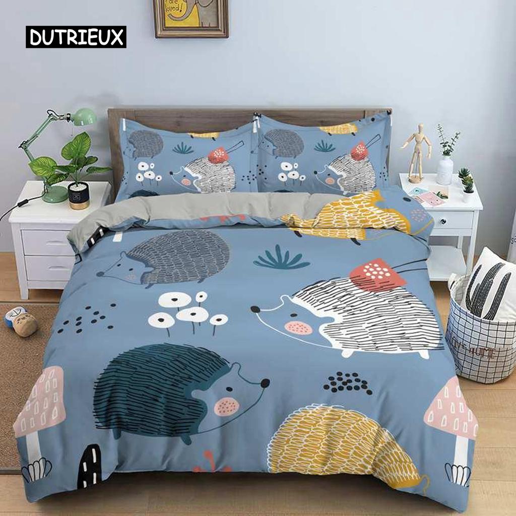 Hedgehog Duvet Cover Set 3D Cartoon Hedgehog Flower 2/3PCS Bedding Set Kids Boys Girls Animal Queen Size Polyester Quilt Cover