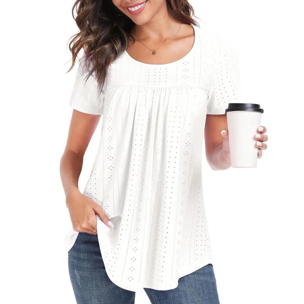 Women Casual Hollow Out Short Sleeve T Shirt Round Neck Loose Fit Lightweight Breathable Summer Top